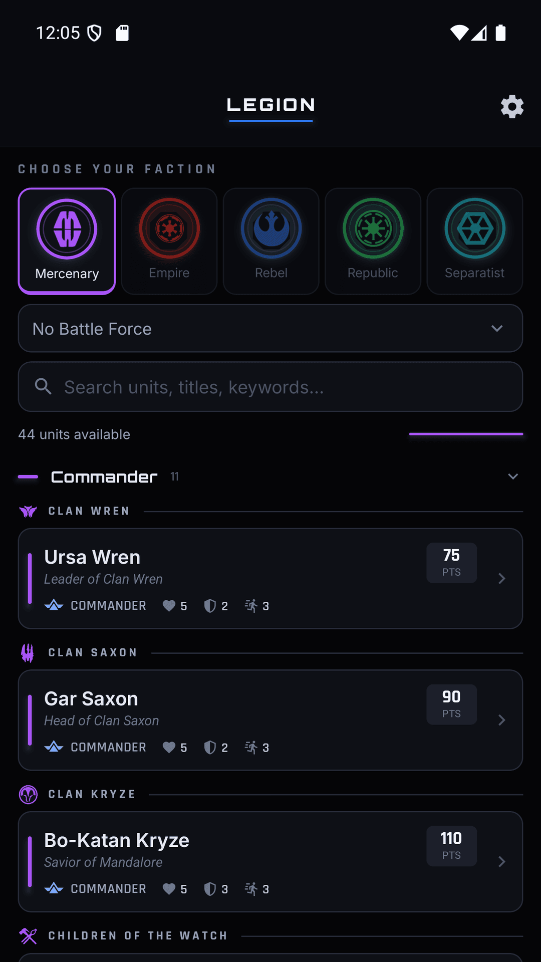 Army builder: browse a faction roster with points and unit stats