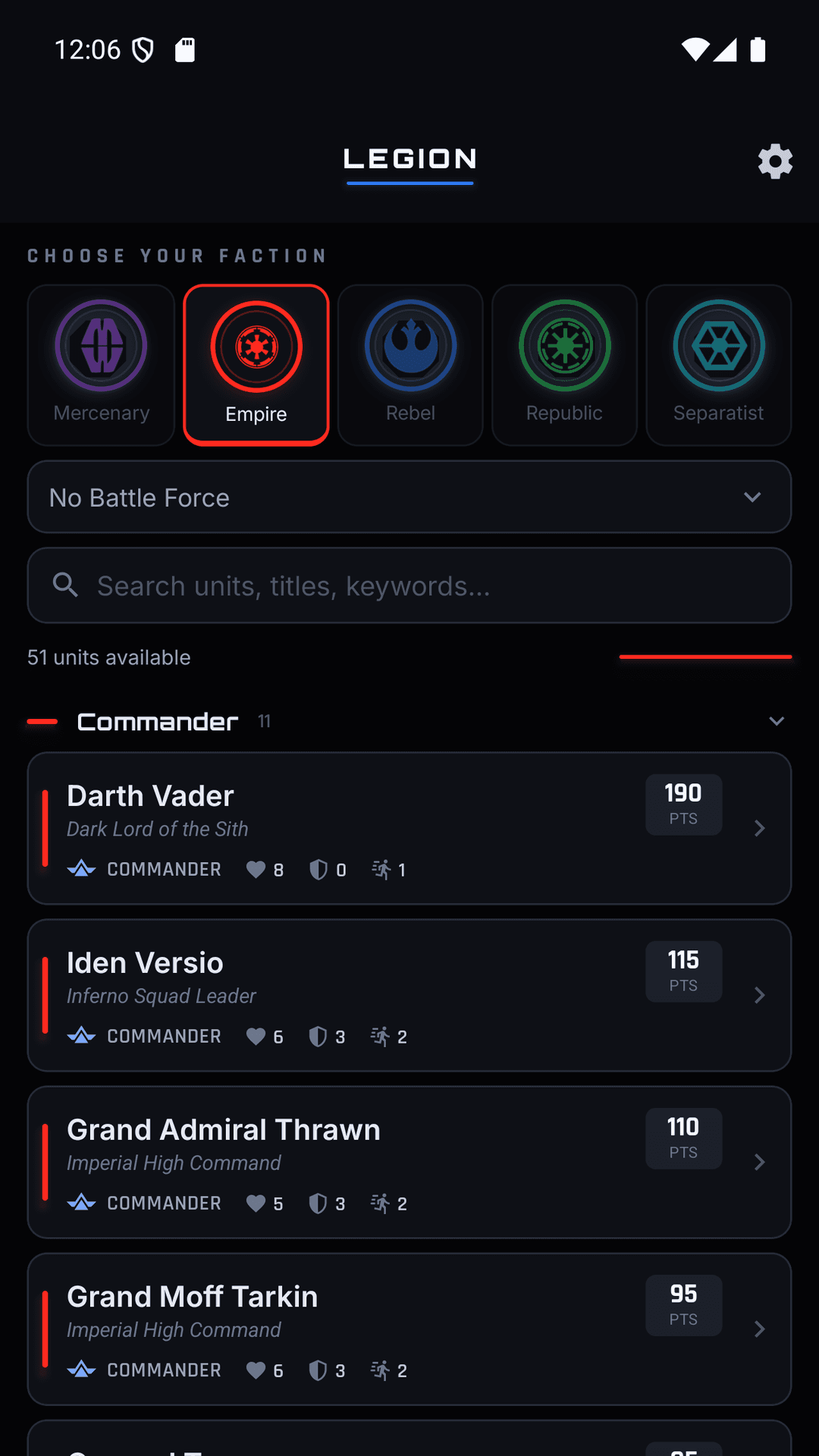 Choose your faction and browse commanders and operatives