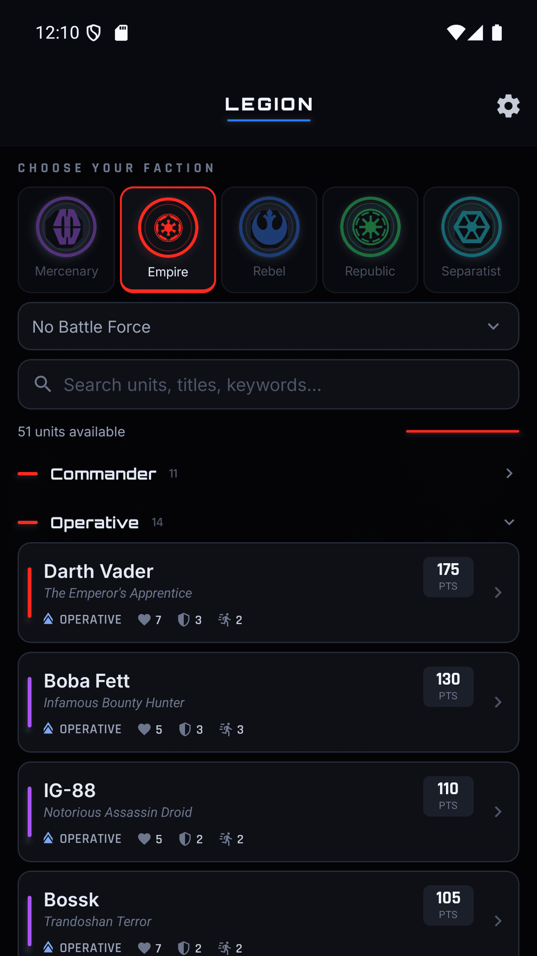 Unit list organized by rank with points and keywords