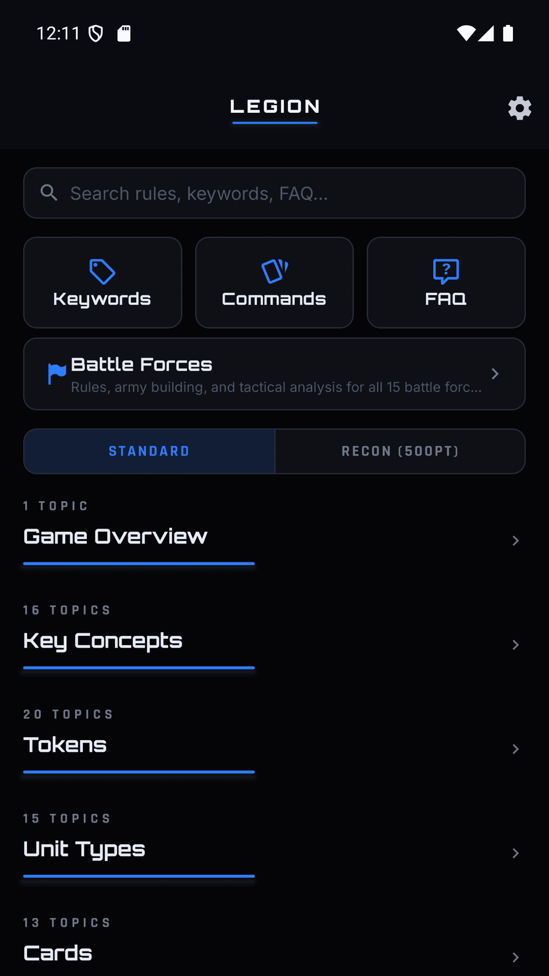 Rules reference with keywords, commands, FAQ, and topics