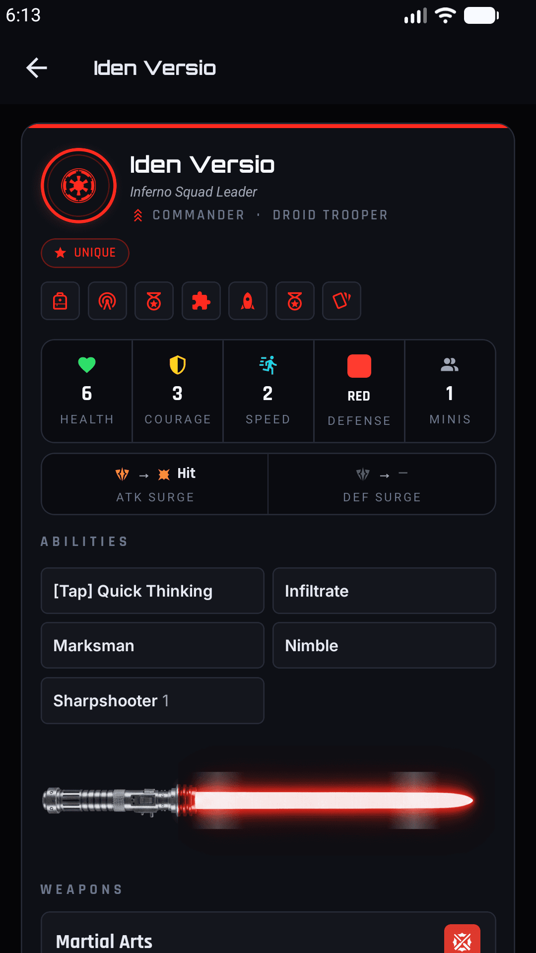 Unit card with stats, abilities, weapons, and upgrade slots