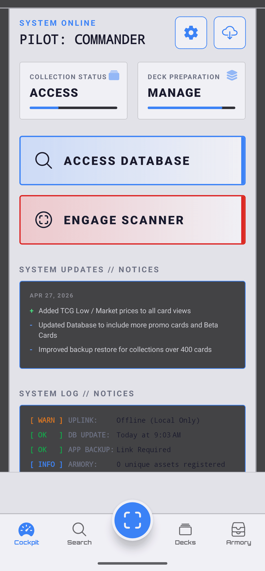 Cockpit dashboard with collection status and quick actions