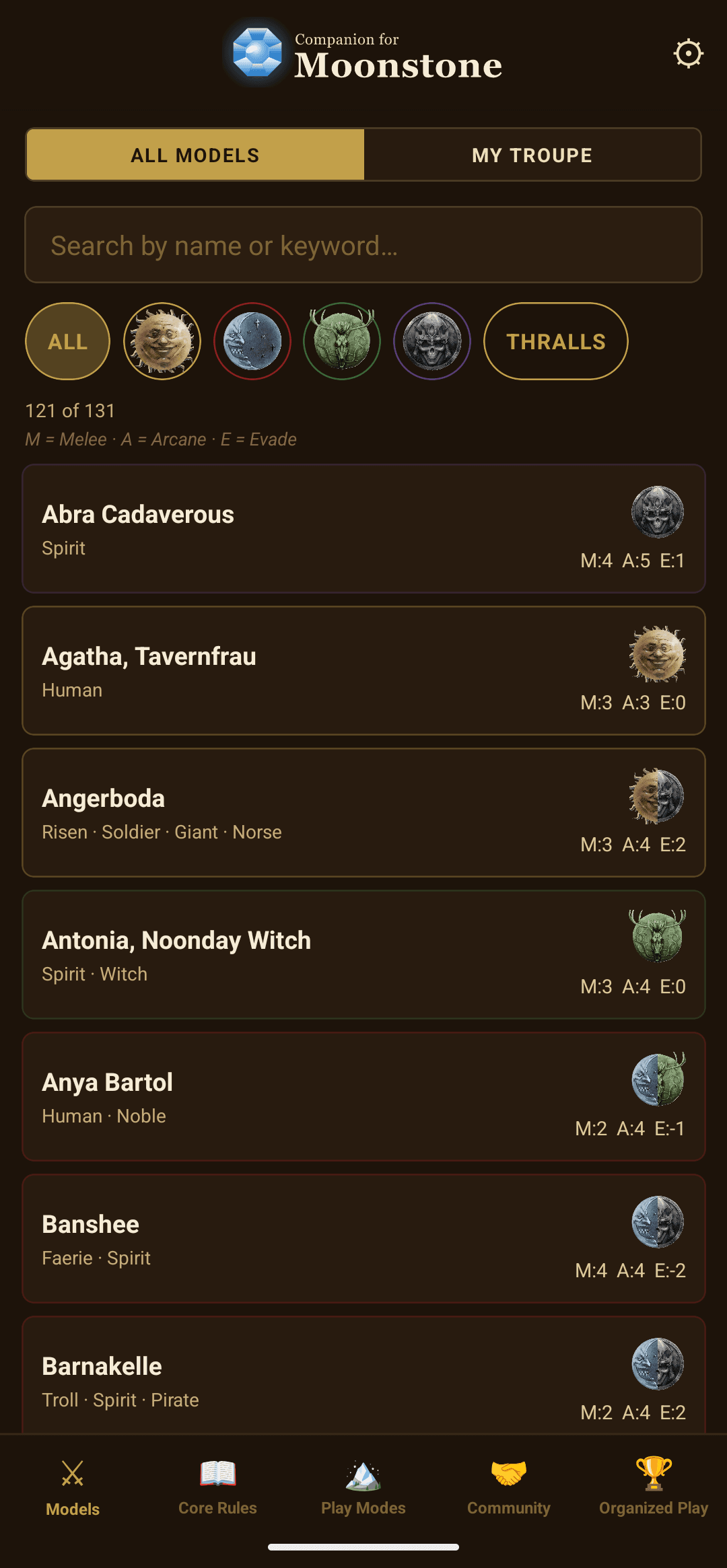 Browse every character and model with factions and stats