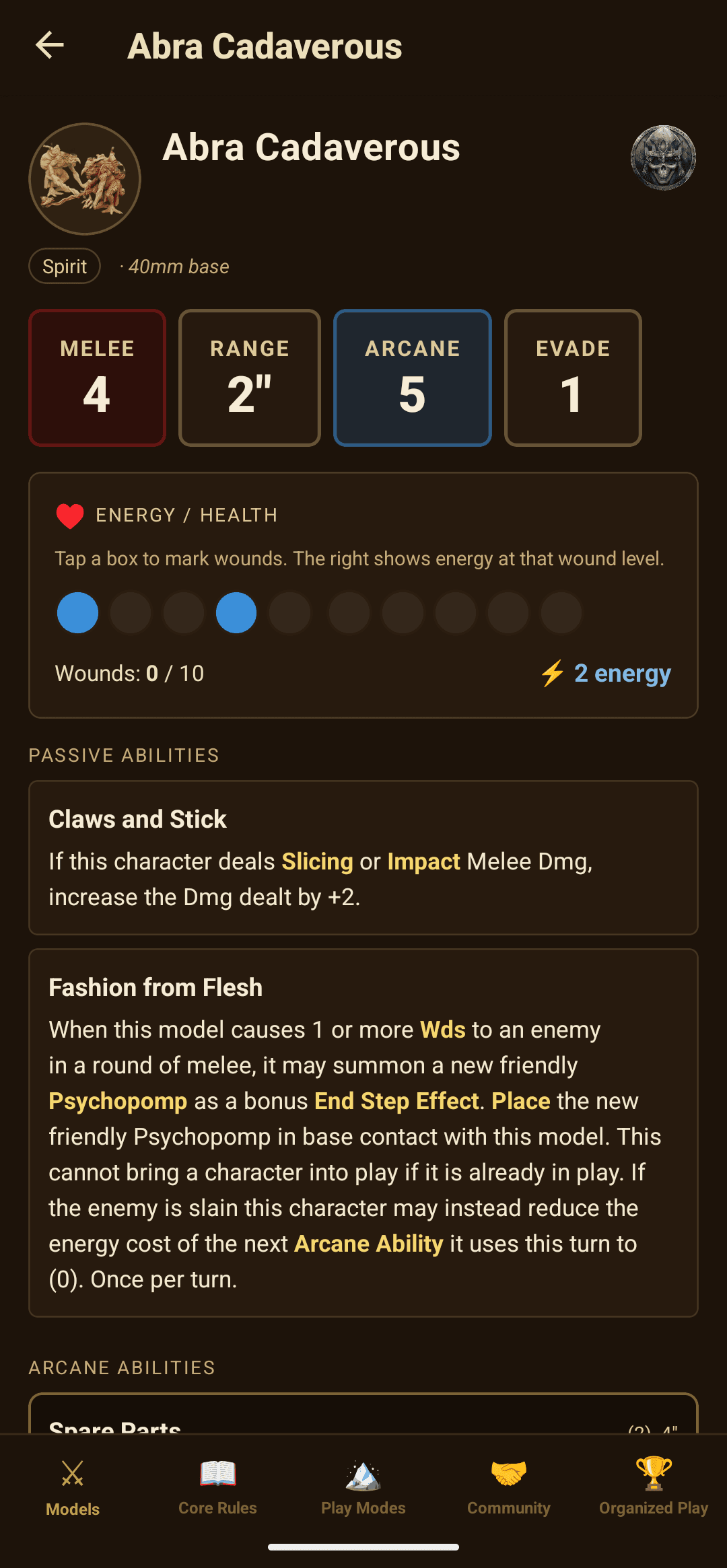 Character detail with stats, wound tracker, and abilities