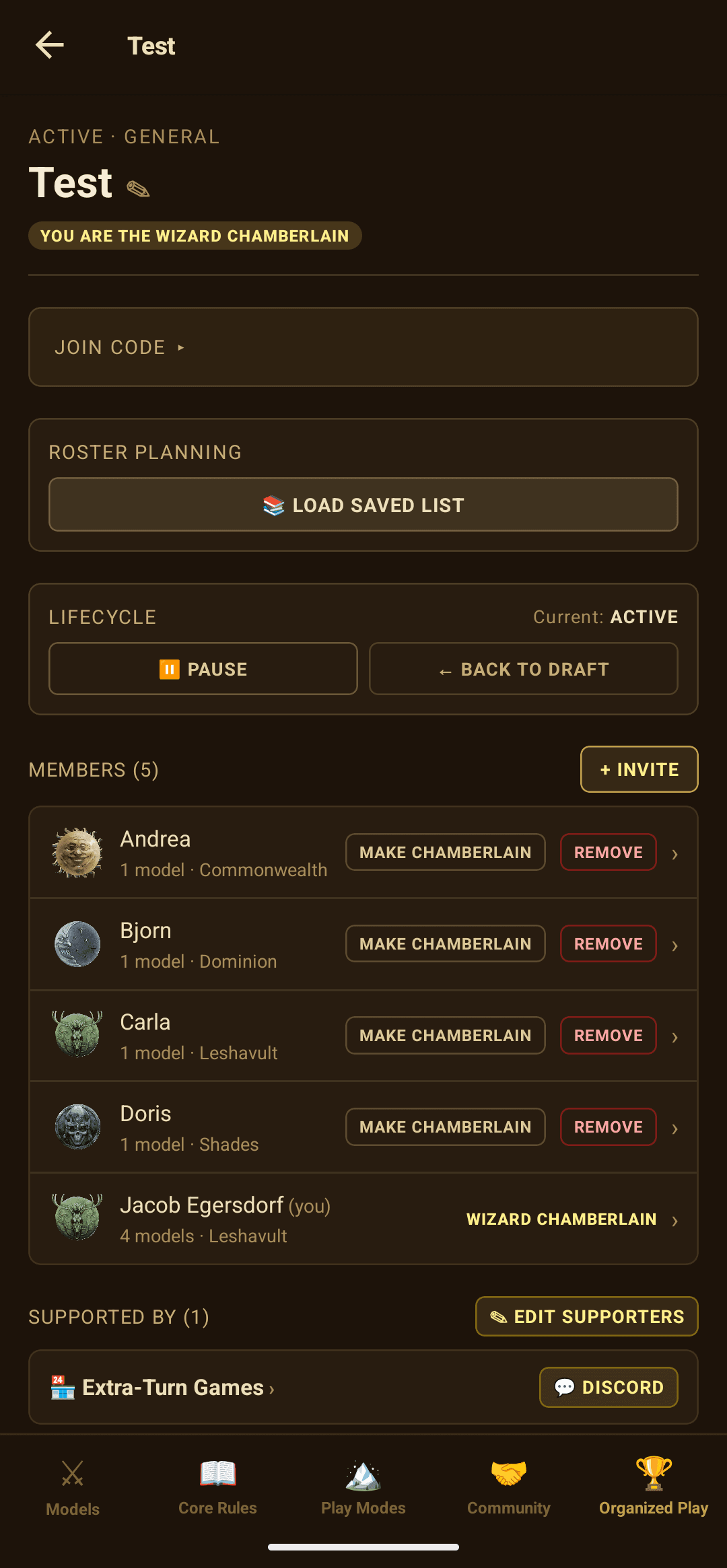 League detail: manage members, roles, roster planning, and lifecycle