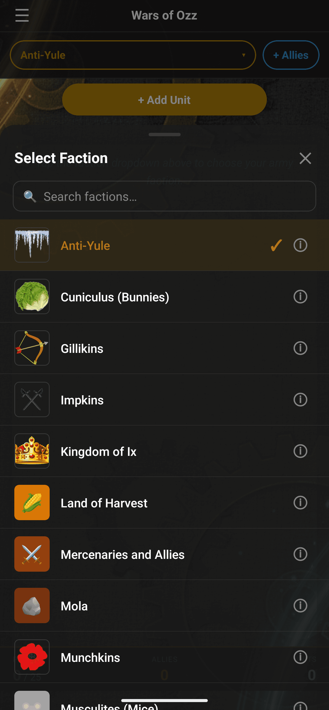 Browse every faction with icons and a full reference list