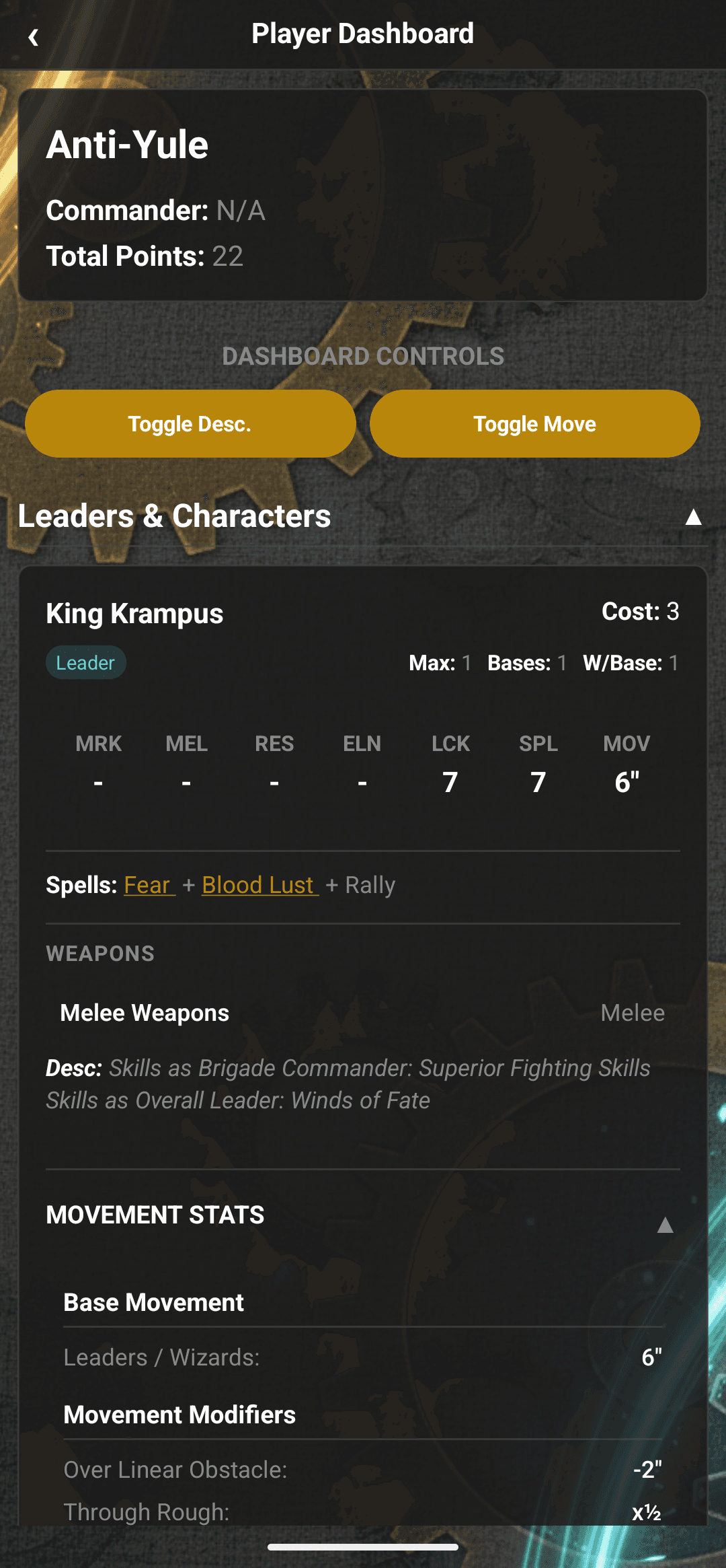 Player dashboard with unit spells and movement attribute tables
